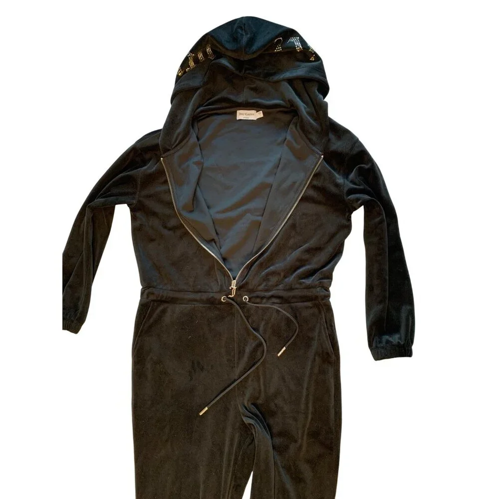 Juicy Couture L Black Velour Hooded Jumpsuit Drawstring Zipper Closure 8237 - Picture 7 of 13